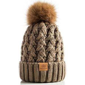 PAGE ONE Womens Winter Ribbed Beanie Crossed Cap Chunky Cable Knit Pompom Soft Warm Hat(Khaki)