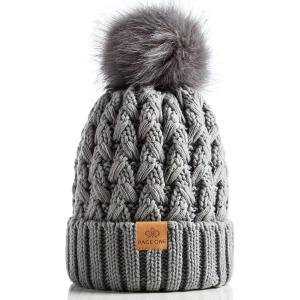 PAGE ONE Womens Winter Ribbed Beanie Crossed Cap Chunky Cable Knit Pompom Soft Warm Hat(Light Gray)