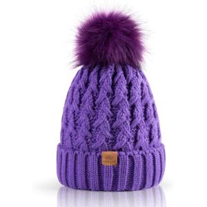 PAGE ONE Womens Winter Ribbed Beanie Crossed Cap Chunky Cable Knit Pompom Soft Warm Hat(Light Purple)