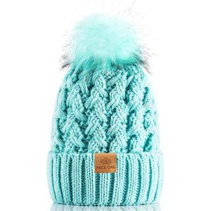 PAGE ONE Womens Winter Ribbed Beanie Crossed Cap Chunky Cable Knit Pompom Soft Warm Hat(Mint)