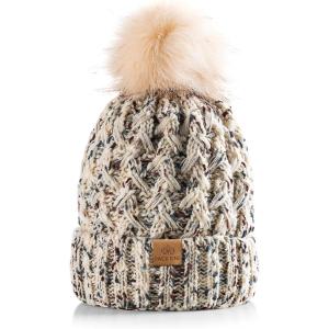 PAGE ONE Womens Winter Ribbed Beanie Crossed Cap Chunky Cable Knit Pompom Soft Warm Hat(Mix Oat)