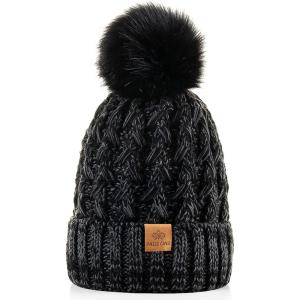 PAGE ONE Womens Winter Ribbed Beanie Crossed Cap Chunky Cable Knit Pompom Soft Warm Hat(Mixed Black)