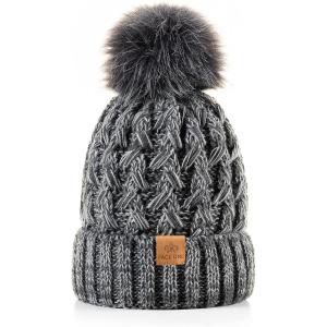 PAGE ONE Womens Winter Ribbed Beanie Crossed Cap Chunky Cable Knit Pompom Soft Warm Hat(Mixed Dark Grey)