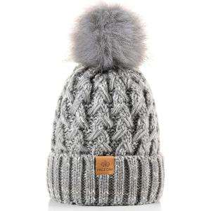 PAGE ONE Womens Winter Ribbed Beanie Crossed Cap Chunky Cable Knit Pompom Soft Warm Hat(Mixed Light Grey)