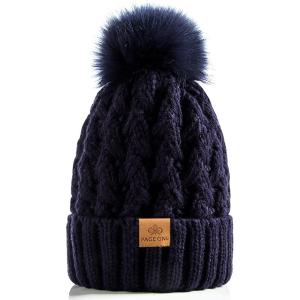 PAGE ONE Womens Winter Ribbed Beanie Crossed Cap Chunky Cable Knit Pompom Soft Warm Hat(Navy)