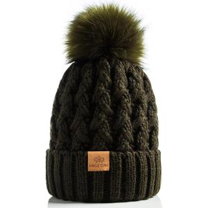 PAGE ONE Womens Winter Ribbed Beanie Crossed Cap Chunky Cable Knit Pompom Soft Warm Hat(Olive Green)