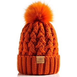 PAGE ONE Womens Winter Ribbed Beanie Crossed Cap Chunky Cable Knit Pompom Soft Warm Hat(Orange)