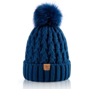 PAGE ONE Womens Winter Ribbed Beanie Crossed Cap Chunky Cable Knit Pompom Soft Warm Hat(Peak Blue)