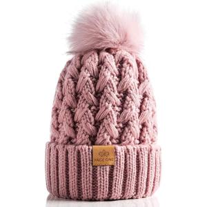 PAGE ONE Womens Winter Ribbed Beanie Crossed Cap Chunky Cable Knit Pompom Soft Warm Hat(Pink)