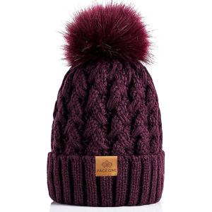 PAGE ONE Womens Winter Ribbed Beanie Crossed Cap Chunky Cable Knit Pompom Soft Warm Hat(Purple)