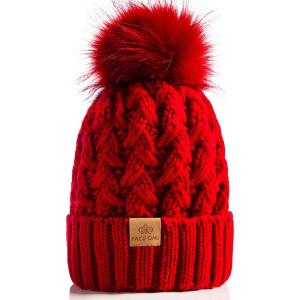 PAGE ONE Womens Winter Ribbed Beanie Crossed Cap Chunky Cable Knit Pompom Soft Warm Hat(Red)