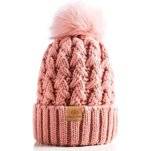 PAGE ONE Womens Winter Ribbed Beanie Crossed Cap Chunky Cable Knit Pompom Soft Warm Hat(Rose Pink)