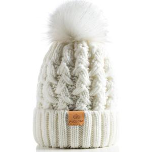 PAGE ONE Womens Winter Ribbed Beanie Crossed Cap Chunky Cable Knit Pompom Soft Warm Hat(White)