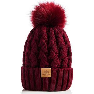 PAGE ONE Womens Winter Ribbed Beanie Crossed Cap Chunky Cable Knit Pompom Soft Warm Hat(Wine Red)