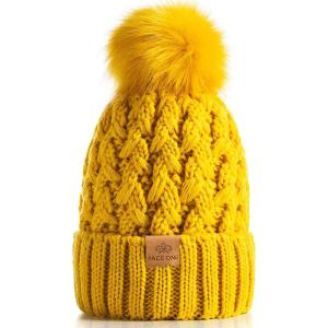 PAGE ONE Womens Winter Ribbed Beanie Crossed Cap Chunky Cable Knit Pompom Soft Warm Hat(Yellow)