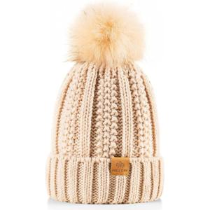 PAGE ONE Womens Winter Thick Cable Knit Beanie Faux Fur Pom Hat Fleece Lined Skull Cap(Beige)