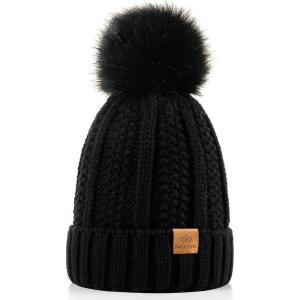 PAGE ONE Womens Winter Thick Cable Knit Beanie Faux Fur Pom Hat Fleece Lined Skull Cap(Black)