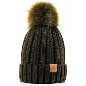 PAGE ONE Womens Winter Thick Cable Knit Beanie Faux Fur Pom Hat Fleece Lined Skull Cap(Dark Olive)