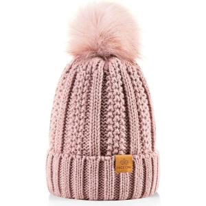 PAGE ONE Womens Winter Thick Cable Knit Beanie Faux Fur Pom Hat Fleece Lined Skull Cap(Dark Pink)