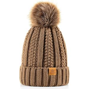 PAGE ONE Womens Winter Thick Cable Knit Beanie Faux Fur Pom Hat Fleece Lined Skull Cap(Khaki)