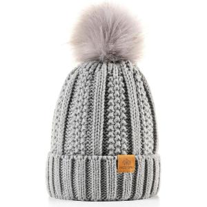PAGE ONE Womens Winter Thick Cable Knit Beanie Faux Fur Pom Hat Fleece Lined Skull Cap(Light Gray)