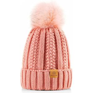 PAGE ONE Womens Winter Thick Cable Knit Beanie Faux Fur Pom Hat Fleece Lined Skull Cap(Light Pink)