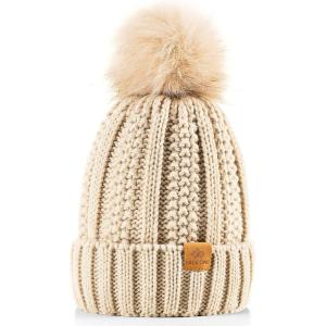 PAGE ONE Womens Winter Thick Cable Knit Beanie Faux Fur Pom Hat Fleece Lined Skull Cap(Oatmeal)