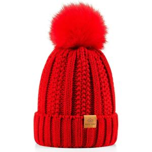 PAGE ONE Womens Winter Thick Cable Knit Beanie Faux Fur Pom Hat Fleece Lined Skull Cap(Red)