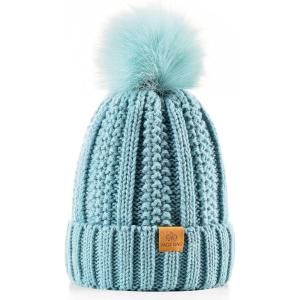 PAGE ONE Womens Winter Thick Cable Knit Beanie Faux Fur Pom Hat Fleece Lined Skull Cap(Sky Blue)