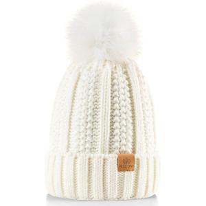 PAGE ONE Womens Winter Thick Cable Knit Beanie Faux Fur Pom Hat Fleece Lined Skull Cap(White)