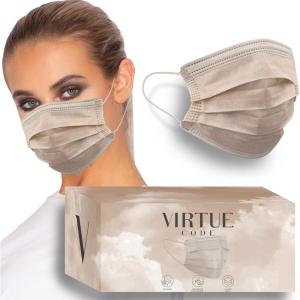 VIRTUE CODE On The Go Curved Face Masks – Soft 3 Ply Comfort 50 Disposable Face Masks(Beige)