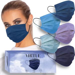 VIRTUE CODE Seamless Essentials Face Masks – Soft 3 Ply Comfort 50 Disposable Face Masks(Blues)