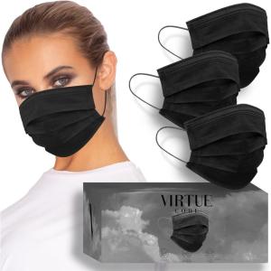 VIRTUE CODE Support Face Masks – Soft 3 Ply Comfort Face Masks, Colorful Disposable Face Mask 50 Pack. Grey Beige Navy Blue Colored Masks. Adults Mens and Womens Disposable Face Masks(Black)