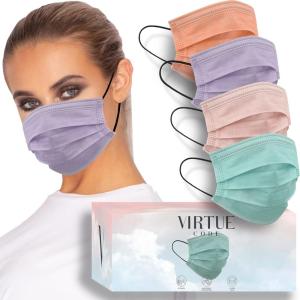 VIRTUE CODE Support Face Masks – Soft 3 Ply Comfort Face Masks, Colorful Disposable Face Mask 50 Pack. Grey Beige Navy Blue Colored Masks. Adults Mens and Womens Disposable Face Masks(Pastels)