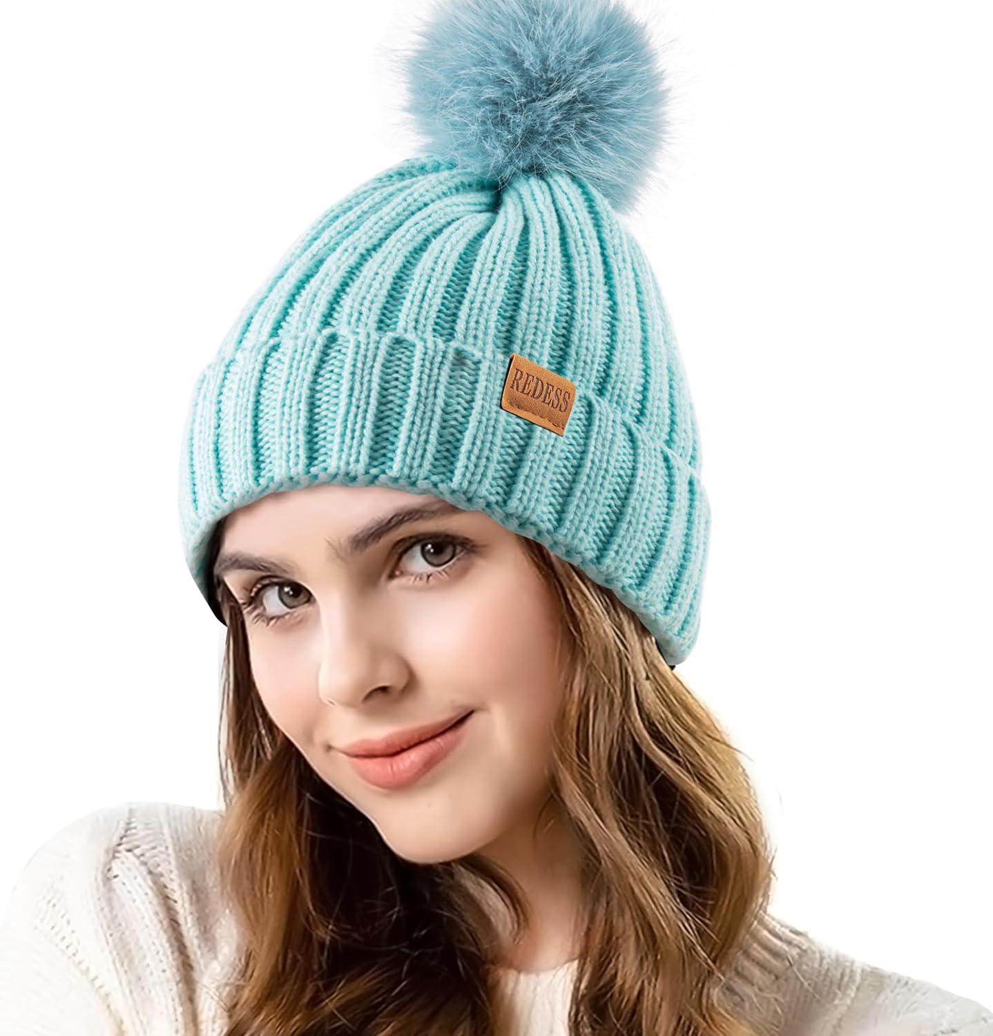 image:imagePAGE ONE Women Winter Pom Pom Beanie Hats Warm Fleece LinedChunky Trendy Cute Chenille Knit Twist Cap