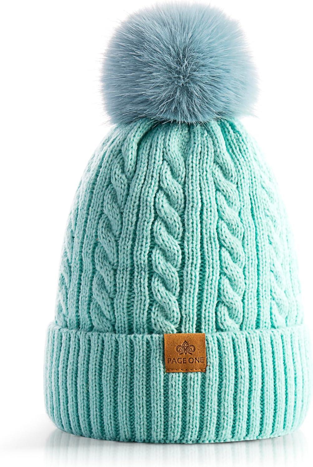 image:imagePAGE ONE Women Winter Pom Pom Beanie Hats Warm Fleece LinedChunky Trendy Cute Chenille Knit Twist Cap
