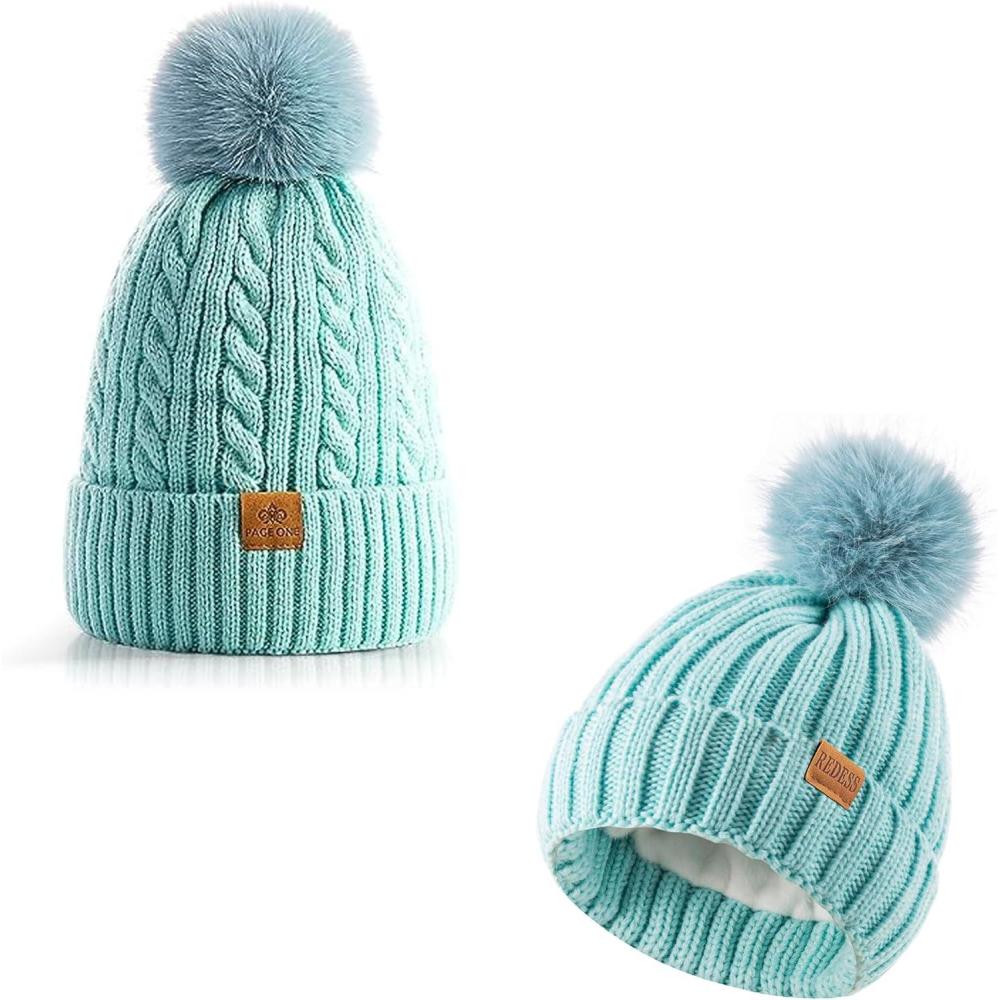 image:imagePAGE ONE Women Winter Pom Pom Beanie Hats Warm Fleece LinedChunky Trendy Cute Chenille Knit Twist Cap