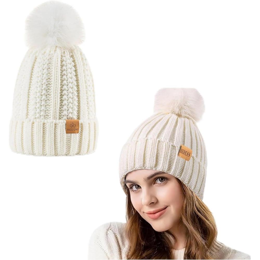 image:imagePAGE ONE Womens Winter Knitted Beanie Hat Warm Fleece Lined with Pompom Cap Slouchy Ski Cap