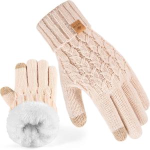 PAGE ONE Winter Gloves for Women Touchscreen Texting Warm Knit Fleece Lined Gloves for Cold weather(Beige)
