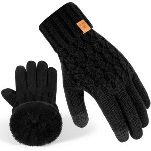 PAGE ONE Winter Gloves for Women Touchscreen Texting Warm Knit Fleece Lined Gloves for Cold weather(Black)