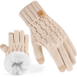 PAGE ONE Winter Gloves for Women Touchscreen Texting Warm Knit Fleece Lined Gloves for Cold weather(Oat)