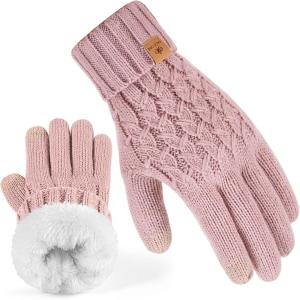 PAGE ONE Winter Gloves for Women Touchscreen Texting Warm Knit Fleece Lined Gloves for Cold weather(Pink)