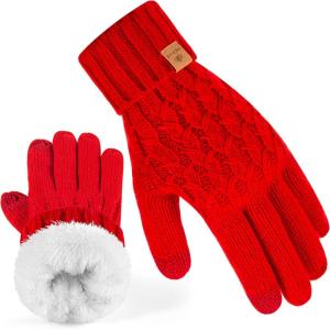 PAGE ONE Winter Gloves for Women Touchscreen Texting Warm Knit Fleece Lined Gloves for Cold weather(Red)