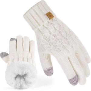 PAGE ONE Winter Gloves for Women Touchscreen Texting Warm Knit Fleece Lined Gloves for Cold weather(White)