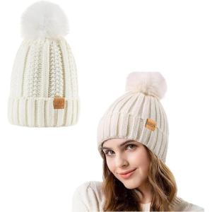 PAGE ONE Womens Winter Knitted Beanie Hat Warm Fleece Lined with Pompom Cap Slouchy Ski Cap