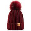 image:imagePAGE ONE Womens Winter Thick Cable Knit Beanie Faux Fur Pom Hat Fleece Lined Skull CapWine Red