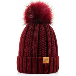 PAGE ONE Womens Winter Thick Cable Knit Beanie Faux Fur Pom Hat Fleece Lined Skull Cap(Wine Red)