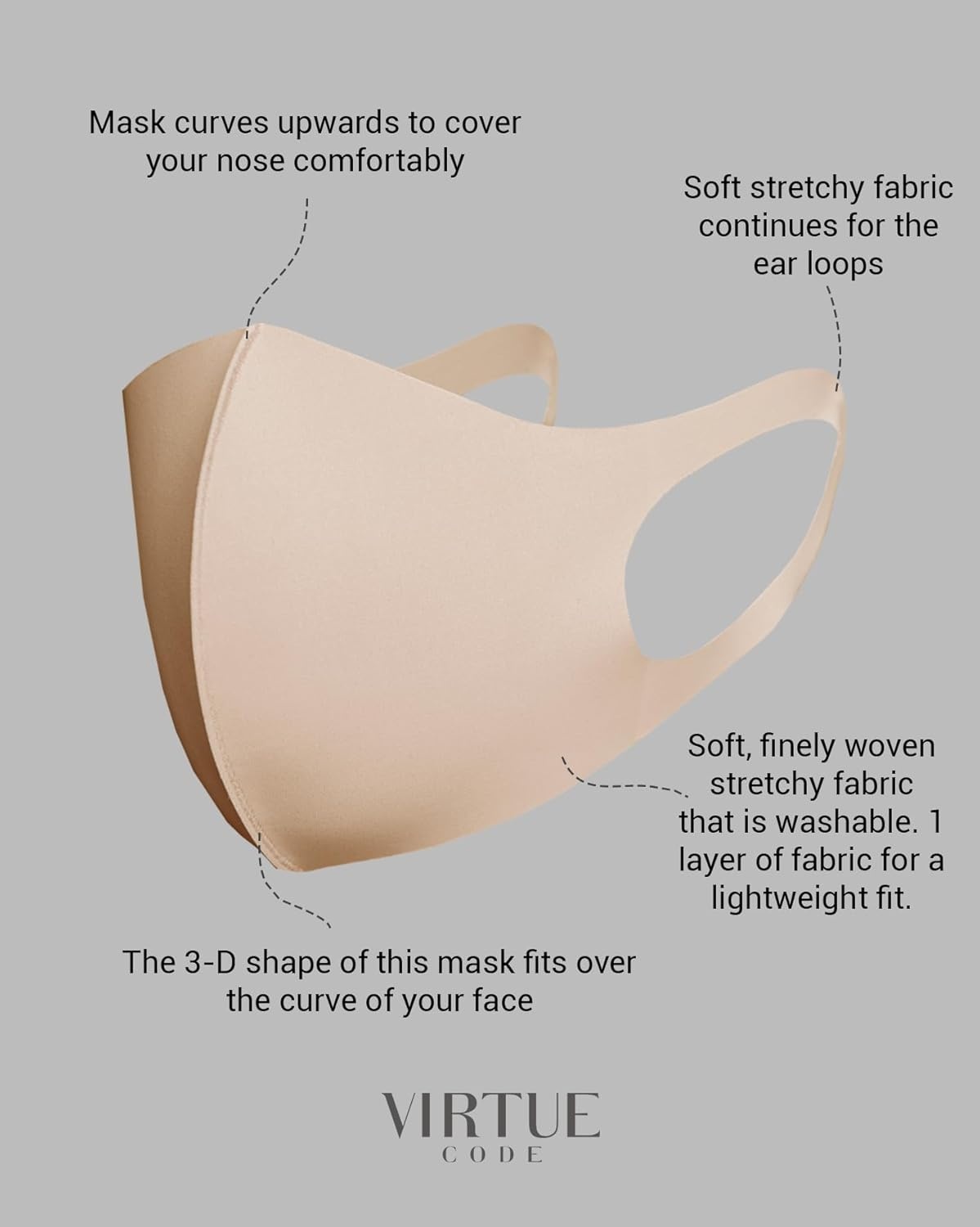 image:imageVirtue Code Second Skin Cloth Face Mask Pack 4 Buttery Soft Masks Washable FabricBeige