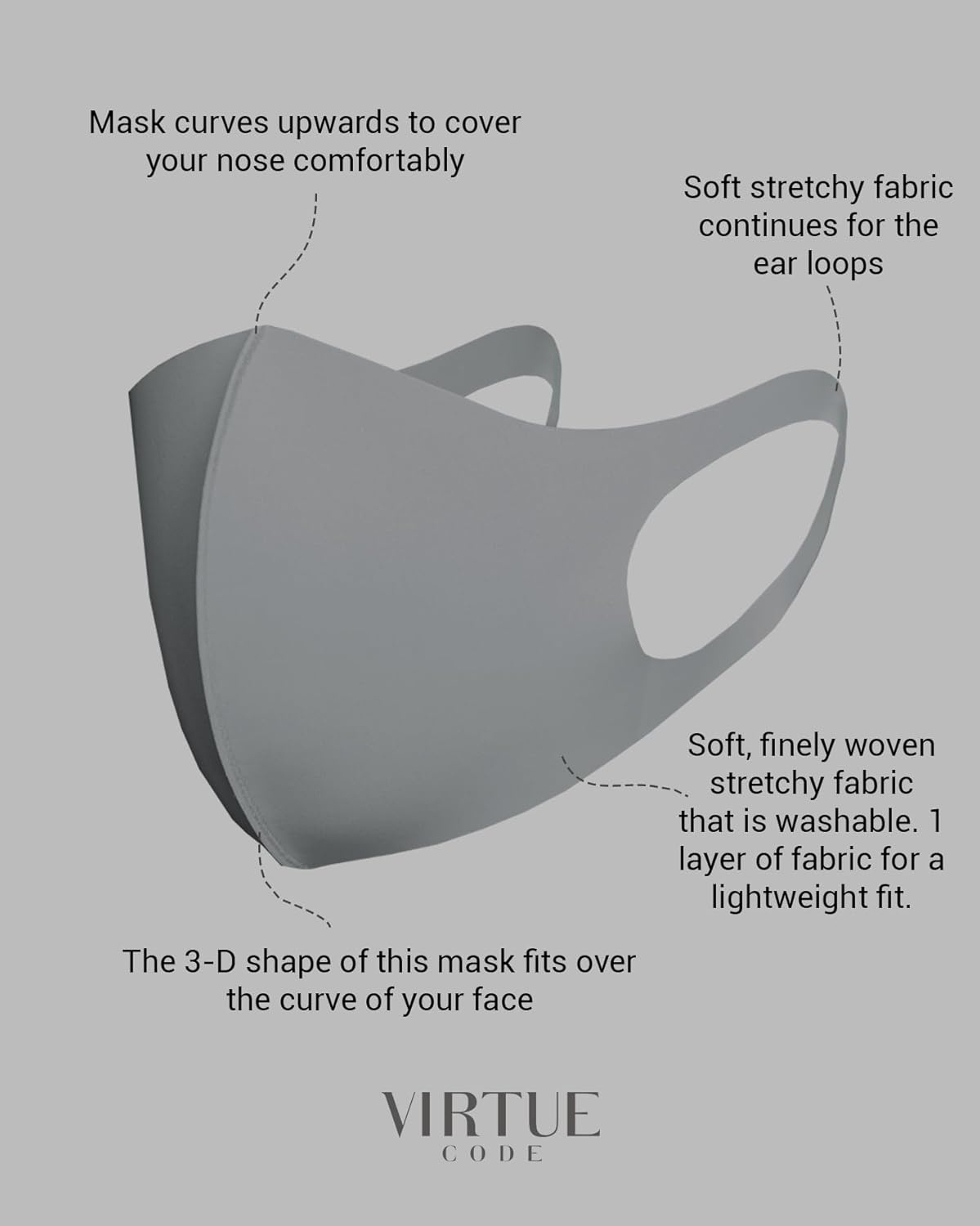 image:imageVirtue Code Second Skin Cloth Face Mask Pack 4 Buttery Soft Masks Washable FabricCharcoal Gray